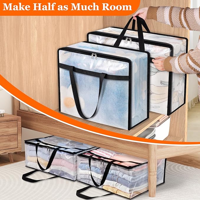 TasticTotes 8 Pack Clear Storage Bags for Comforter, Clothes & Bedding, Plastic Blanket Storage with Zipper and Handle, Moving Bags, Closet Organizer and Under-Bed Storage (60L)