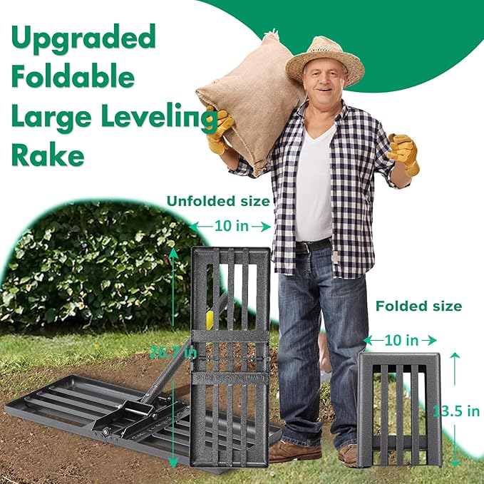 Lawn Leveling Rake,Folding 30x10 Inch Ground Plate,70 Inch Adjustable Long Handle Yard Level Tool with Curved Edge,Heavy Duty Landscaping Lawn Leveler for Grass, Golf Field, Soil Sand Dirt Spreader