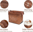 10pcs 15L Laundry Baskets Waterproof Storage Basket For Shelves Large Laundry Hamper With Leather Handle -Cube Organizer Woven Bins for Bathroom,Bedroom,Pantry,Clothes,Car Towels-Brown