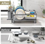 SNTD Dish Drying Rack - Small Dish Rack for Kitchen Counter, Stainless Steel Dish Drainer with Utensil Holder and Drainboard, 11" W x 15" L (Grey)