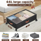 Under Bed Storage with Wheels 2-Pack, Under Bed Storage Containers 66L Clear Lids, Rolling Storage Drawers for Clothes Shoes Blankets, Underbed Organizer Bins(30" L x 16.2" W x 7.5" H)