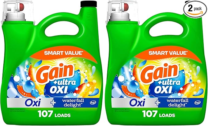 Gain Liquid Laundry Detergent, Waterfall Delight Scent | 107 Loads | Oxi Formula | HE Compatible | 154 fl oz