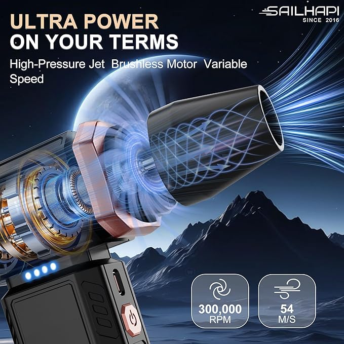 Electric Air Duster, 300000RPM High-Speed Cordless Blower for Barber with Variable Speed & Brushless Motor, Portable Mini Blower for Keyboard, PC, Computer, Replaces Canned Air, Gifts for Men