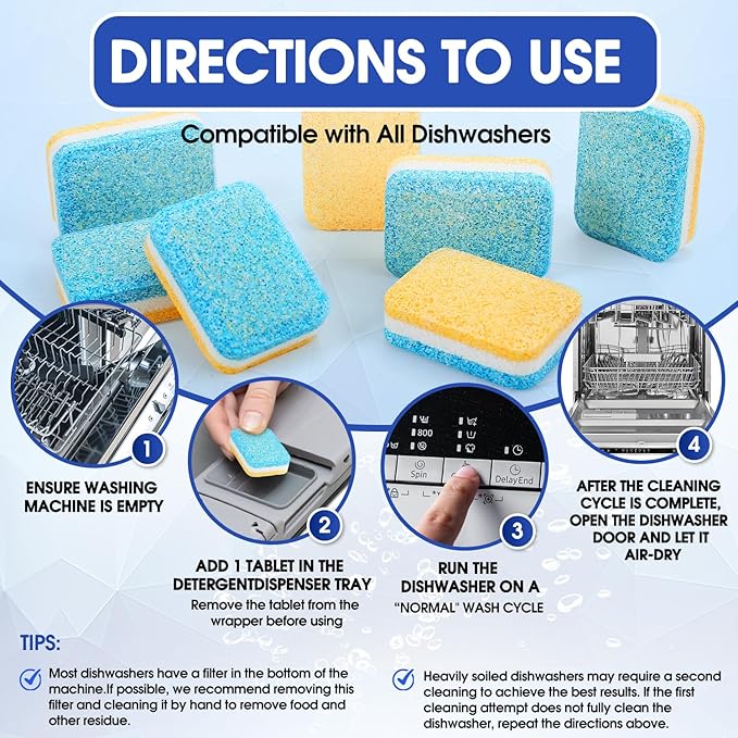 Dishwasher Cleaner Tablets, 30-Count Deodorizing Pods (15-Month Supply) - Heavy-Duty Descaler Removes Limescale, Minerals, Grease & Odors, Lemon Scent