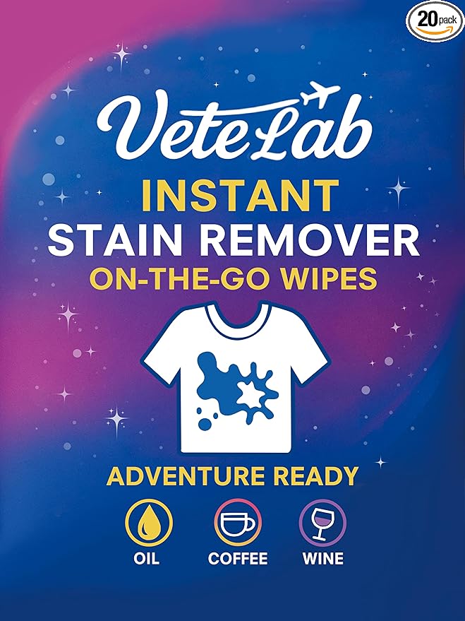 Travel Stain Remover Wipes, Individually Wrapped, For Clothes and Fabric, Works on Blood, Grass, Coffee, Mud (30 Pack)