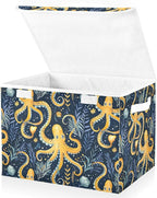 senya Large Storage Bins with Linen Collapsible Foldable Storage Cubes Fabric Closet Organizer Containers box with Flip-Top Lid for Home Bedroom Office 16.7 x 12.6 x 11.8in (Octopus and Water Grass)