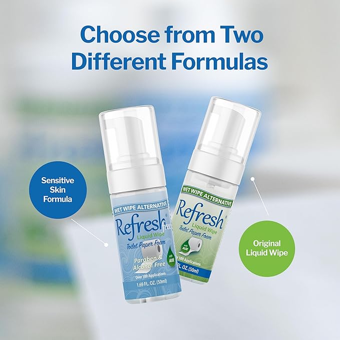 Refresh Liquid Wipe Foam Bundle – Original & Free Formulas – 50ml Personal Size – Flushable Wet Wipe Alternative for Adults & Kids – Aloe & Witch Hazel, Alcohol-Free, Travel-Friendly