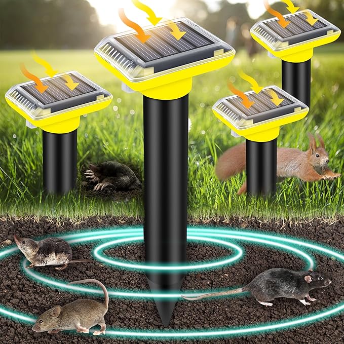 Solar Mole Repellent, Ultrasonic Gopher Repeller Outdoor, Solar Powered Waterproof Snake Repellent Deterrent Gopher Vole Snake Pest and Other Animals from Lawn Garden Yard Home(LightYellow, 4 Packs)
