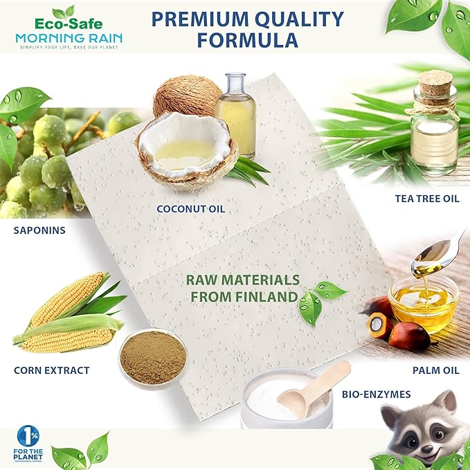 MorningRain Eco-Safe Laundry Detergent Sheets - Ingredients from Finland, Natural Scent, Bio-Enzyme Formula, Power Clean, 5 Sheets (Up to 10 Loads) - Non-Toxic, Preservative-Free, Designed in USA