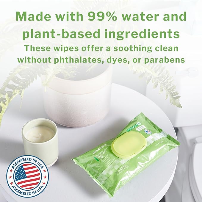 McKesson Flushable* Adult Wet Wipes – 48 Wipes (1 Pack of 48) – Aloe & Vitamin E, Plant-Based Cleansing Wipes, Scented