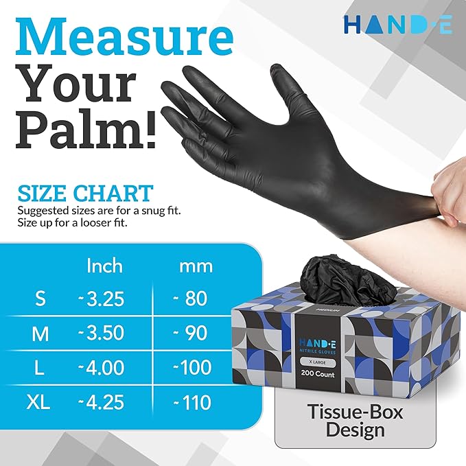 Hand-E Touch Black Nitrile Disposable Latex Free & Powder Free Gloves X-Large, 200 Count - BBQ, Tattoo, Hair Dye, Cooking & Mechanic Gloves
