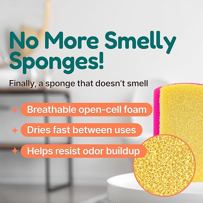 3-in-1 Silicone Scrubber Sponge with Squeegee – Non-Scratch Kitchen Sponge for Dishes, Sink & Bathroom, Quick-Dry, Reusable Cleaning Tool (Pink+Yellow)