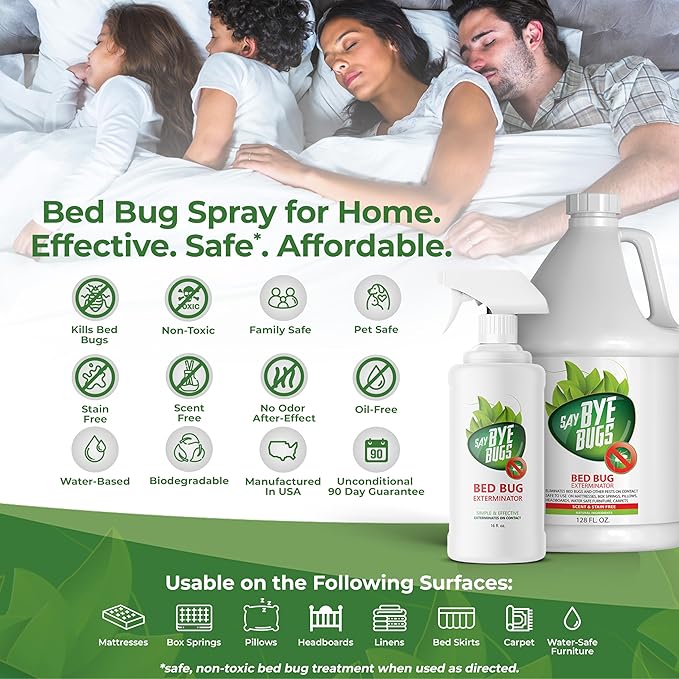 Bed Bug Spray for Getting Rid of Bed Bugs Permanently. Say Bye Bugs - a Non-Toxic, Kill on Contact Bed Bug Treatment That Doesn't Stain & is Odor Free. Simply Shake & Spray (6X 16oz).