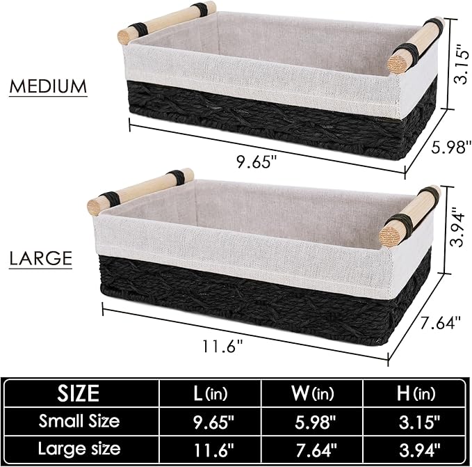 Wicker Storage Basket with Wooden Handle – Paper Rope Decorative Toilet Paper Baskets & Bathroom Organizer for Toilet Tank Top, Shelves, Bedroom, Countertop,Home,Office Storage Bins, 2 Pack,Black