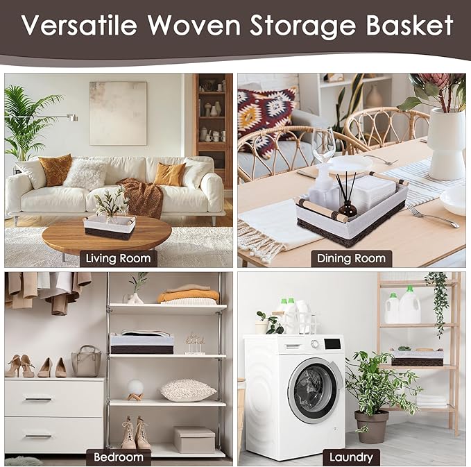 Wicker Storage Basket with Wooden Handle – Paper Rope Decorative Toilet Paper Baskets & Bathroom Organizer for Toilet Tank Top, Shelves, Bedroom, Countertop,Home,Office Storage Bins, 2 Pack,Brown