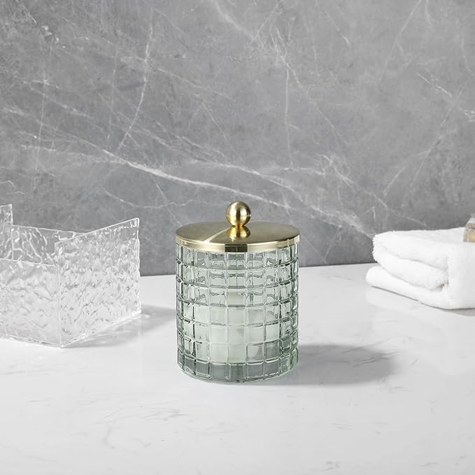 Sage Colored Tranlucent Apothecary Etched Geometric Grid Glass Jar W/Gold Metal Lid Cover for Bathroom Organization, Cotton Balls, Q Tips, and Small Accessories, Bathroom Storage