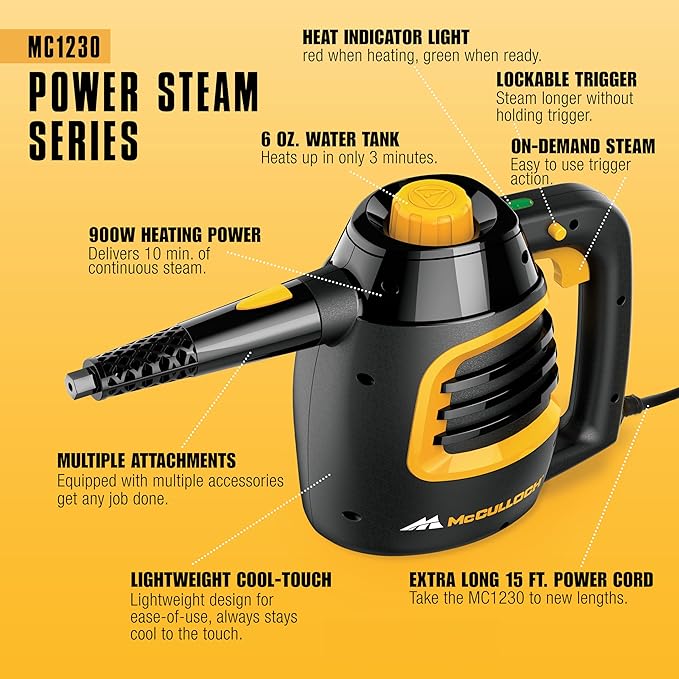 McCulloch MC1230 Handheld Steam Cleaner, 10 Minute Runtime, 11 Accessories: Jet Nozzle, Brushes, & More - Built for Home, Tile, Grout, Carpet, Furniture, & Personal Car Detailing