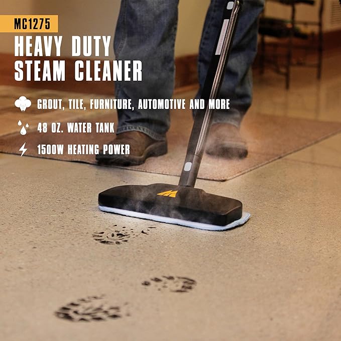 McCulloch MC1275 Heavy-Duty Steam Cleaner, 45 Minute Runtime, 18 Accessories: Mop Head, Brushes, & More - Built for Home, Tile, Grout, Carpet, Furniture, & Personal Car Detailing