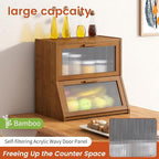 GHWIE Double Layer Bamboo Bread Box for Kitchen Counter,Large Capacity Bread Storage Bin,Bread Container with Acrylic Wavy Door Panel (Brown, Extra Large)