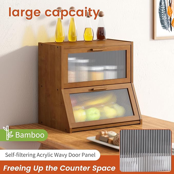 GHWIE Double Layer Bamboo Bread Box for Kitchen Counter,Large Capacity Bread Storage Bin,Bread Container with Acrylic Wavy Door Panel (Brown, Extra Large)