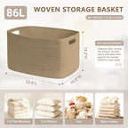 86L Large Wicker Laundry Basket for Living Room Storage,Boho Woven Cotton Rope Baskets for Kids Toy,Gifts,Square Blanket Hamper for Bedroom Dirty Clothes,Jute