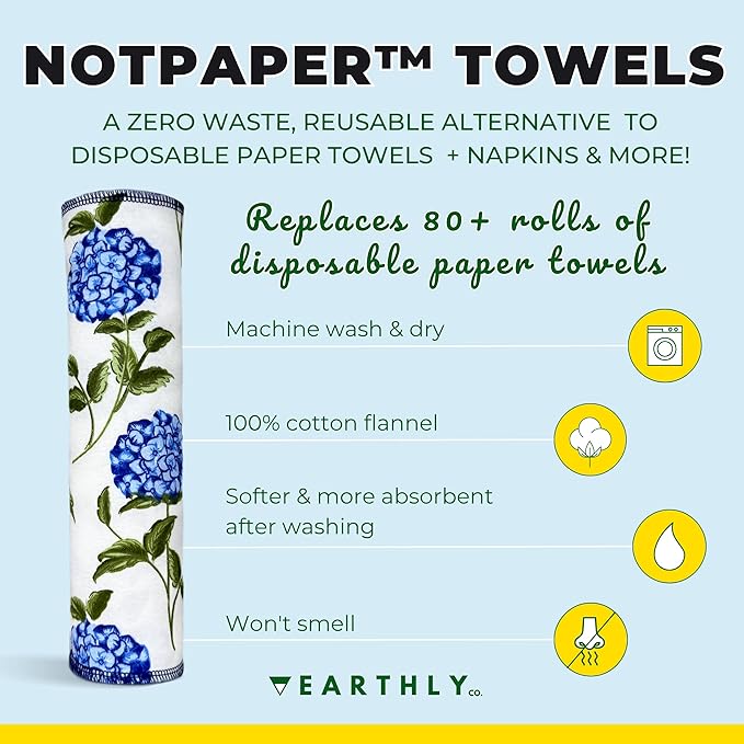 Reusable Paper Towels - 10 PACK - Roll of Washable Cotton Cloth Paper Towels - Paperless Reusable Napkins Cloth Washable - Absorbent + Long Lasting - Zero Waste Products - (Blue Hydrangea)
