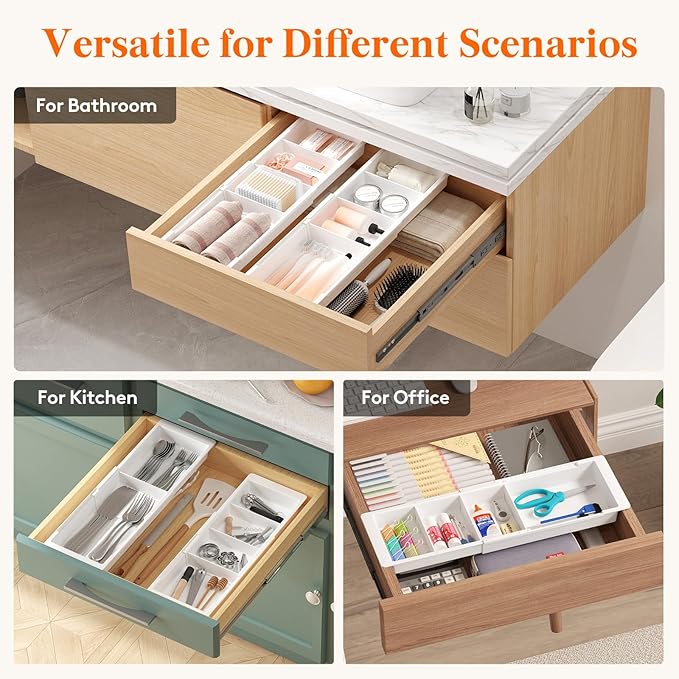 Lifewit 2 Pack Sliding Makeup Drawer Organizer Trays with Inserts, Extendable Hanging Desk Drawer Divider, Fits 13-20" Deep Drawers, 1.8" High Plastic Organizer Tray for Vanity, Office, Kitchen, White