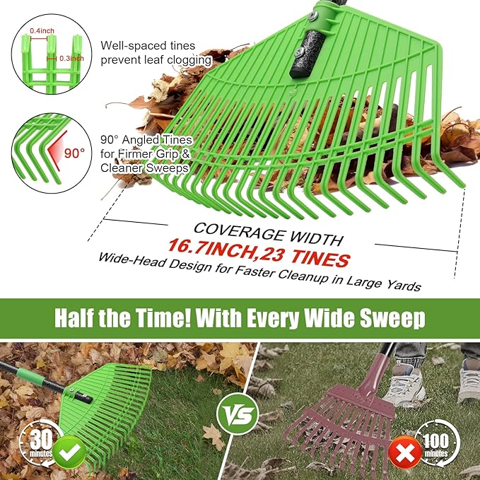 Lightweight Plastic Leaf Rake for Lawns - 16.5'' Wide Garden Rake for Leaves,Gentle on Lawn,65'' Adjustable for Women Seniors Kids,Outdoor Yard Rakes for Sweep Leaves,Grass, Pine Needle