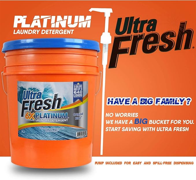 Ultra Fresh 6X Platinum 5 Gallon Laundry Detergent Liquid for All Machine Types with Easy Dispensing Pump, Up to 640 Loads, Original Blue (6 Pack)
