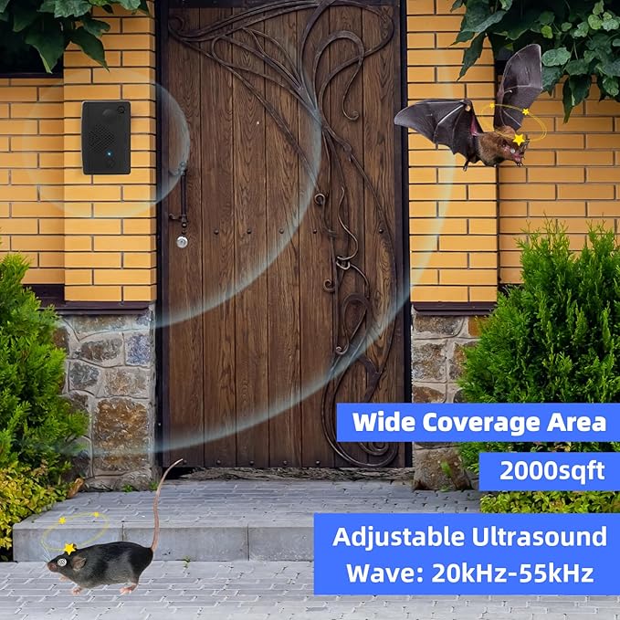2 Pack Bat Deterrent Devices for Attic: Rechargeable Bat Keep Away,Bird Deterrent Devices Indoor&Outdoor for Porch,House,Garages,Friendly to Human & Pet(Black)