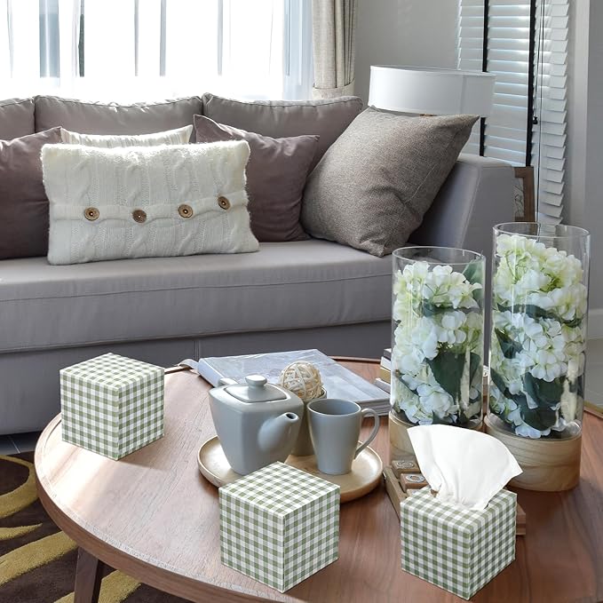 12 Pack Facial Tissues Cube Face Boxes 600 Sheets 3 Ply Small Square Tissues Bulk for Car Bedroom Supplies(Green and White Plaid)