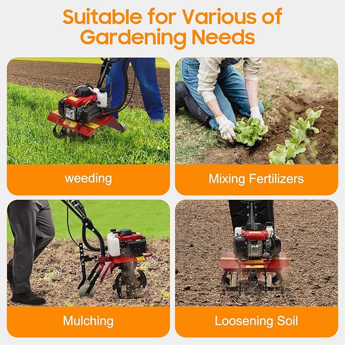 4-Stroke 63CC Gas Powered Tiller Cultivator Garden Yard Rototiller Tilling Tool Gas Tiller- Ideal for Garden, Lawn, Soil Cultivation, Weed & Digging, 8500-9000rpm