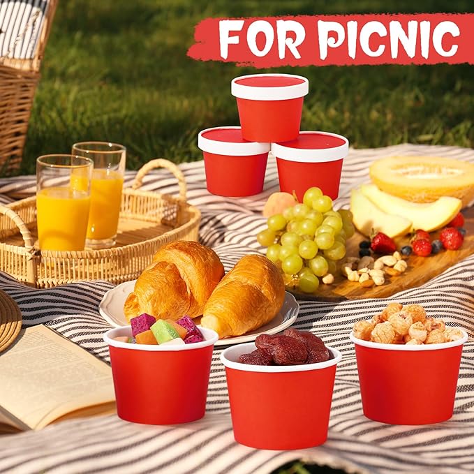 Fulmoon 100 Pack Paper Soup Containers with Lids Disposable Paper Food Containers with Vented Lids Kraft Ice Cream Bowls Soup Cup Ice Cream Cups for Restaurants (8 oz,Red)