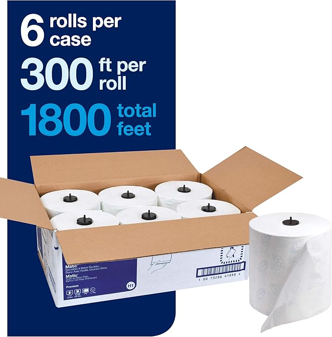 Tork Matic Extra Soft Paper Hand Towel Roll White with Blue Leaf H1 (6 Rolls) and Tork Mini Jumbo Toilet Paper Roll White T2 (12 Rolls)