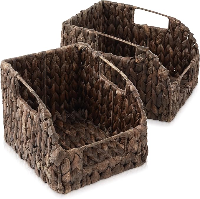 Casafield Set of 2 Water Hyacinth Pantry Baskets with Handles - Espresso, Woven Storage Bin Organizers for Kitchen Shelves, Medium and Large Sizes