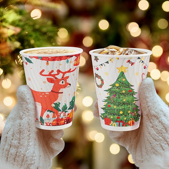 Lamosi Christmas Disposable Coffee Cups 12 OZ 100 Pack, Paper Coffee Cups 12 OZ for Hot Drinks or Cold Beverages, Insulated Corrugated Ripple Wall Cup No Lids for Office, Cafe, Home or Travel