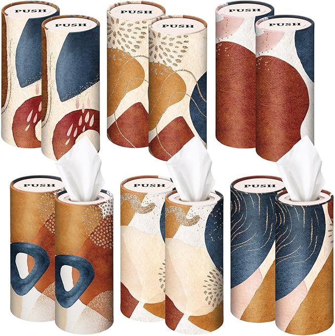 Outus 12 Pcs Car Tissues Cylinder Holder with 3 Ply Facial Tissue Bulk Black White Round Tissue Holder Travel Tissues Boxes Container for Car Cup Wedding Birthday Party(Boho 2)