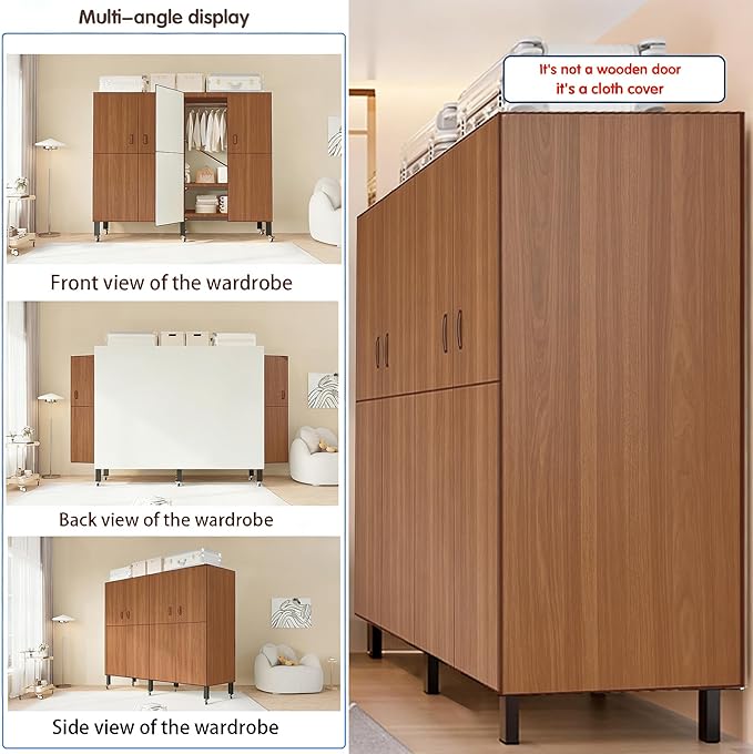 Heavy Duty Covered Clothes Rack with Magnetic Door Foldable Portable Wardrobe Closet for Hanging Clothing Rolling Black Metal Garment Rack on Wheels Closet System (Dragon Sandalwood, 74.7in)