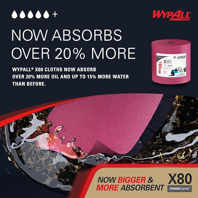 WypAll PowerClean X80 Cloths Heavy Duty Wipes (41055), Jumbo, Extended Use Towels, Red (1 Roll of 455 Sheets, 455 Sheet Total)