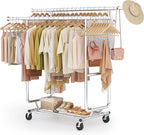 Gewudraw Heavy Duty Clothes Rack Load 900 Lbs, Double Rod Rolling Clothing Rack With Sturdy Wheel And Shelves，Adjustable Portable Hanging Rack For Clothes,Silver Stainless Steel