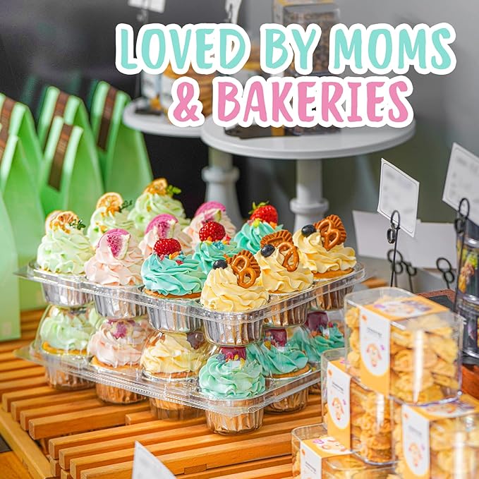 (12 Pack x 25 Sets) Stackable Cupcake Carrier with 300 Pack Cupcake Liners, Plastic Cupcake Boxes Holders for 12 Cupcakes, Cupcake Containers, Clear Disposable Cupcake Trays