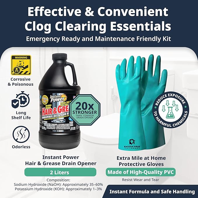 Ultimate Drain Solution Instant Power Hair & Grease Drain Cleaner Opener 2L Bundle with Drain Snake Hair Drain Clog Remover, and Protective Gloves