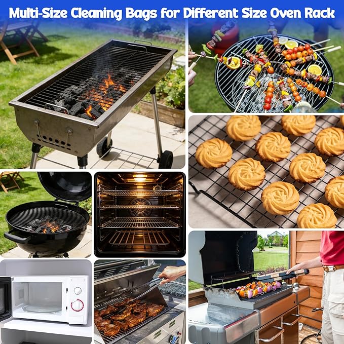 Juome Oven Rack Cleaning Bags, 5 Pack Reusable No Scrub Oven Rack Cleaning Bags Kit with 6 Gloves & 1 Brush, Leak Proof PE Bags (19.7*27.5inch & 23.6*35.4inch) for Deep Soaking BBQ Racks, Grill Grates