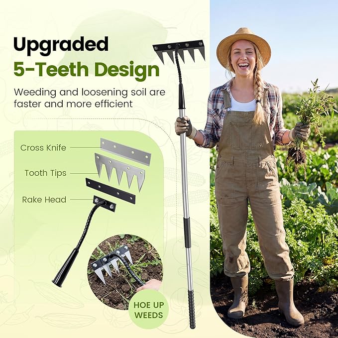Iron Weeding Rake with Long Handle - Upgraded 5 Teeth Weed Puller Tool, Heavy Duty Manual Weeder Remover Tool for Weeding, Cultivating & Soil Aeration