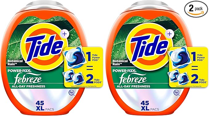 Tide Power Pods with Febreze Laundry Detergent Pacs,Botanical Rain Scent,All-Day Freshness,45 Count (Pack of 2)