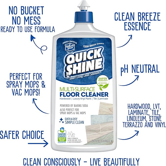 Quick Shine Multi Surface Floor Cleaner 27oz, 6Pk | Ready to Use-Streak Free- No Rinse | Use on Hardwood, Laminate, Luxury Vinyl Plank & Stone | Use in Spray Mops & Vac Mops | Safer Choice Cleaner