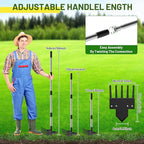 2-in-1 Heavy-Duty Weed Puller Tool with 5-Tine Rake – 30" to 60" Adjustable Handle, Hoes for Gardening, Hoe Garden Tools for Loosening Soil, Planting, Weeding