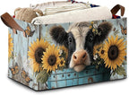 Wooden Highland Cow Storage Baskets,Butterfly Sunflower Foldable Large Capacity Organizer Bins with Waterproof Lining and Leather Handles for Closet,Shelf,Bedroom 17x11.5x10Inch