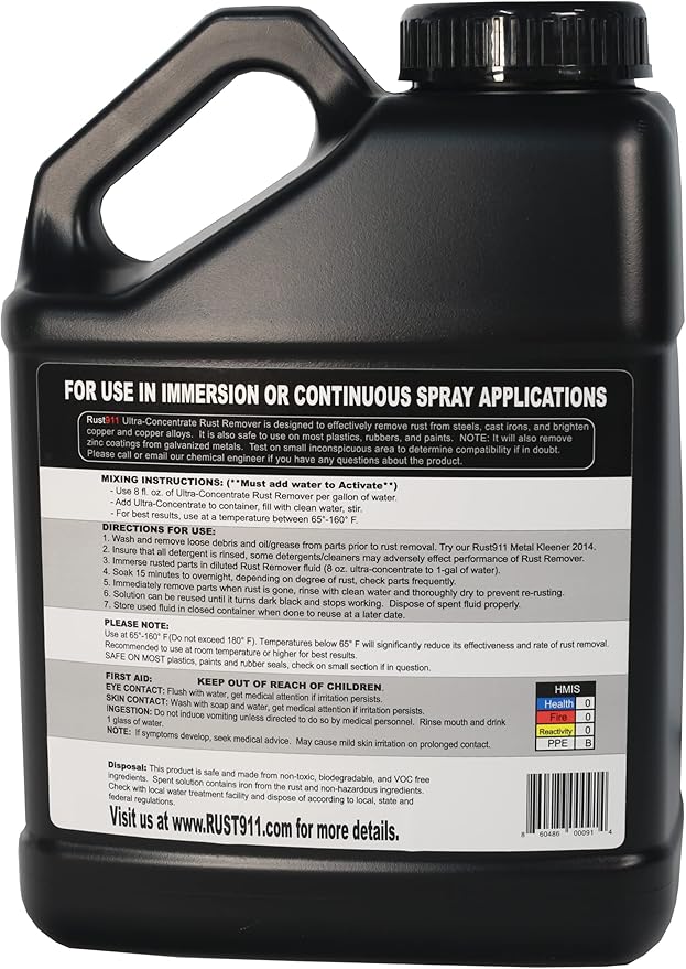 Rust911 Rust Remover Ultra Concentrate - Makes 16 Gallons - Industrial Strength, Acid-Free, Non-Toxic - Safe for Automotive, Tools, Metal Restoration, 1-Gallon Jug