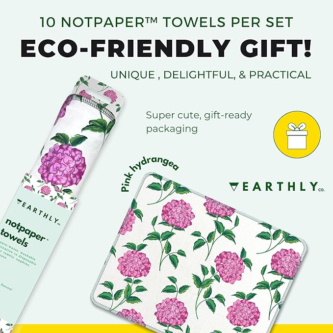 Reusable Paper Towels - 10 PACK - Roll of Washable Cotton Cloth Paper Towels - Paperless Reusable Napkins Cloth Washable - Absorbent + Long Lasting - Zero Waste Products - (Pink Hydrangea)